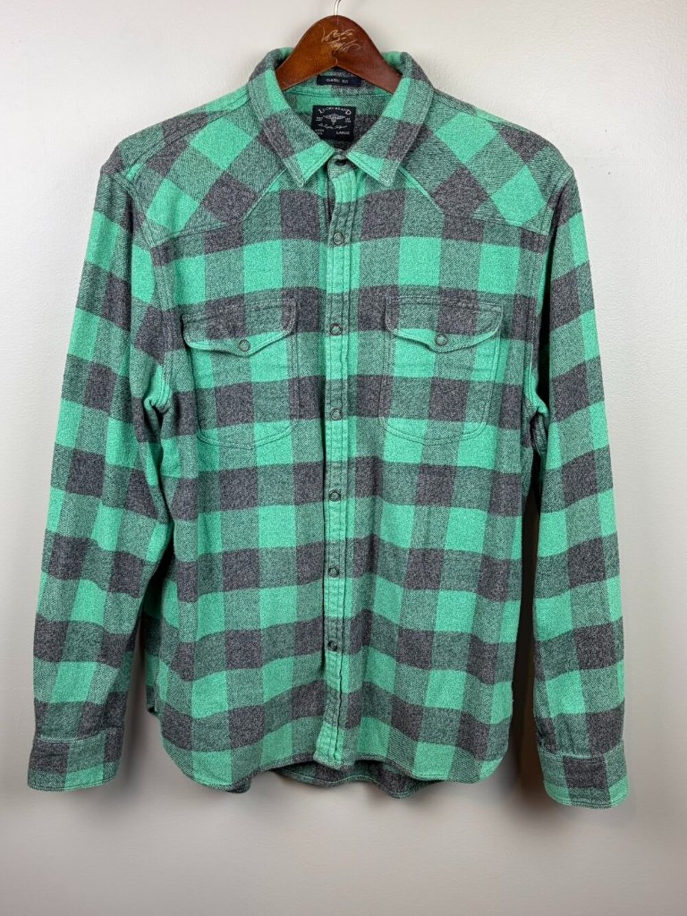 Lucky Brand Green & Gray Buffalo Check Plaid Flannel Size Large